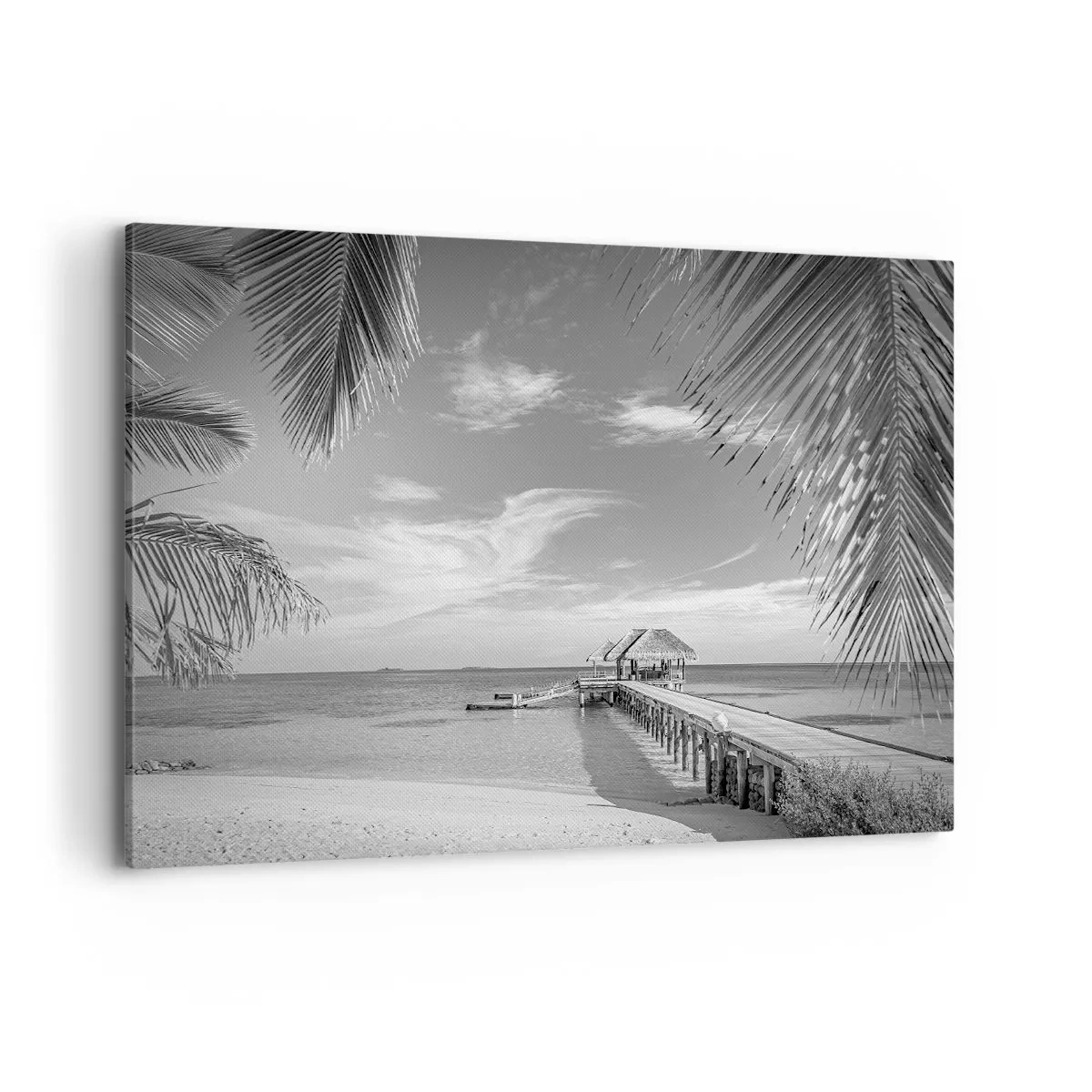 Impression sur toile - Image sur toile - Plage noire et blanche avec jetée et palmiers sur une côte tropicale - 120x80cm - Souvenirs ou rêve? - Décoration murale moderne pour le salon et la chambre ARTTOR