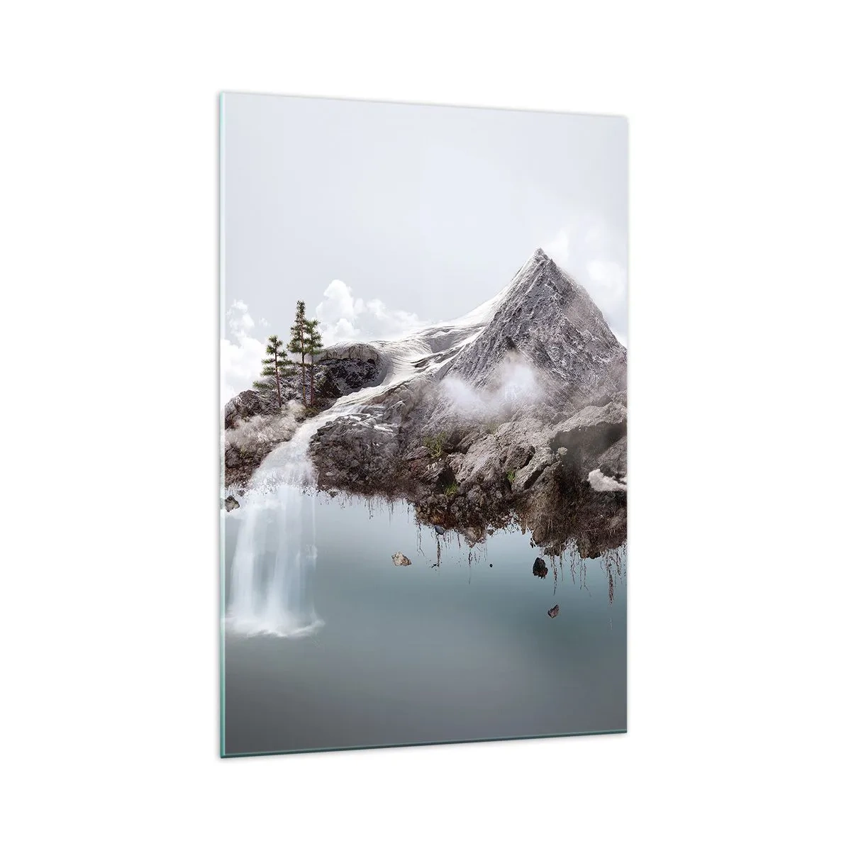 Impression sur verre - Image sur verre - Une montagne surréaliste flottant dans les nuages avec une cascade - 70x100cm - L'oeil du surréaliste - Décoration murale moderne pour le salon et la chambre ARTTOR