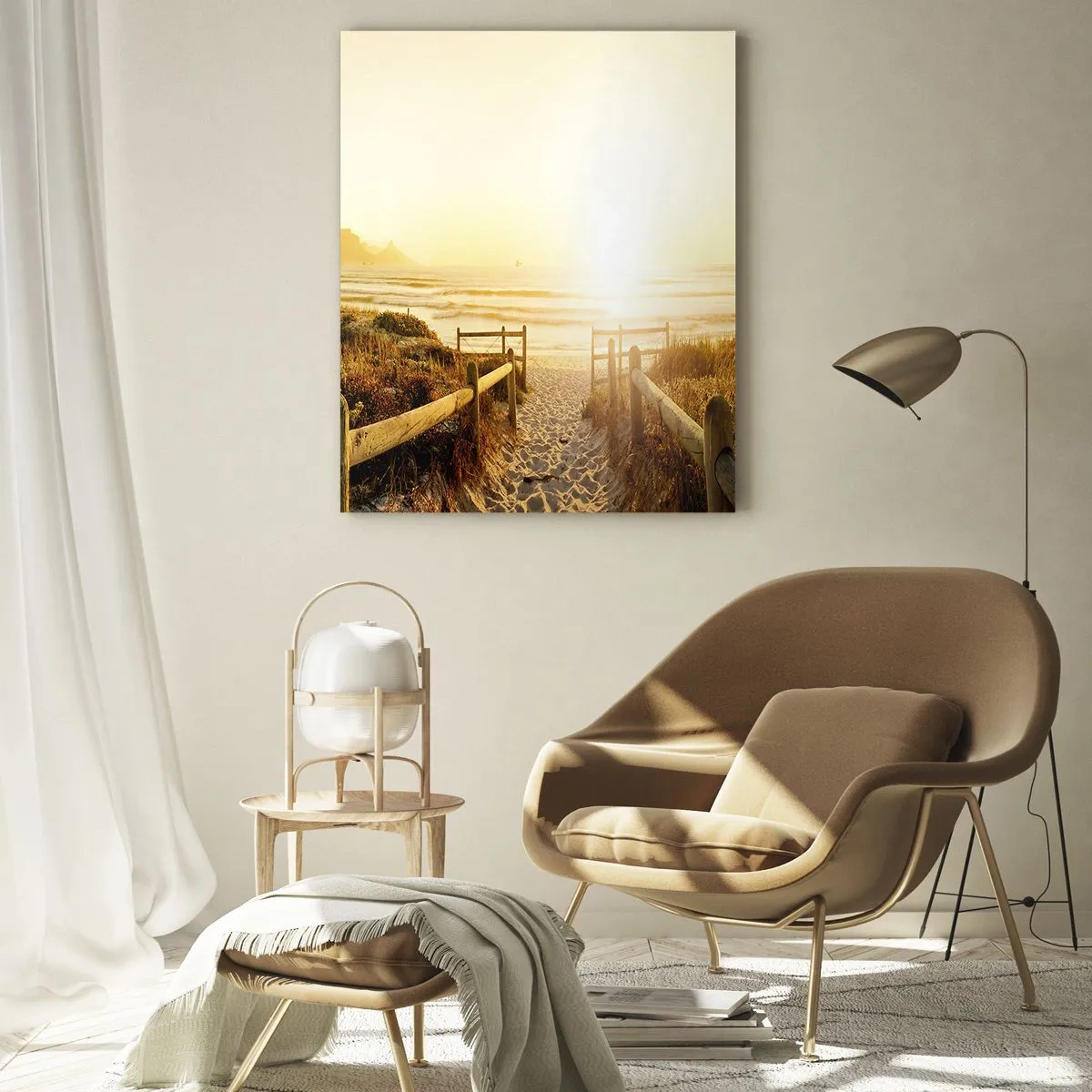 Impression sur verre - Image sur verre - Chemin vers la plage pendant un coucher de soleil doré - 70x100cm - A travers la dune, vers le soleil - Décoration murale moderne pour le salon et la chambre ARTTOR