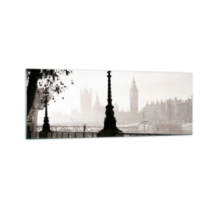 Impression sur verre - Image sur verre - Une vue monochrome de Big Ben et de la Tamise. - 140x50cm - Un matin londonien - Décoration murale moderne pour le salon et la chambre ARTTOR