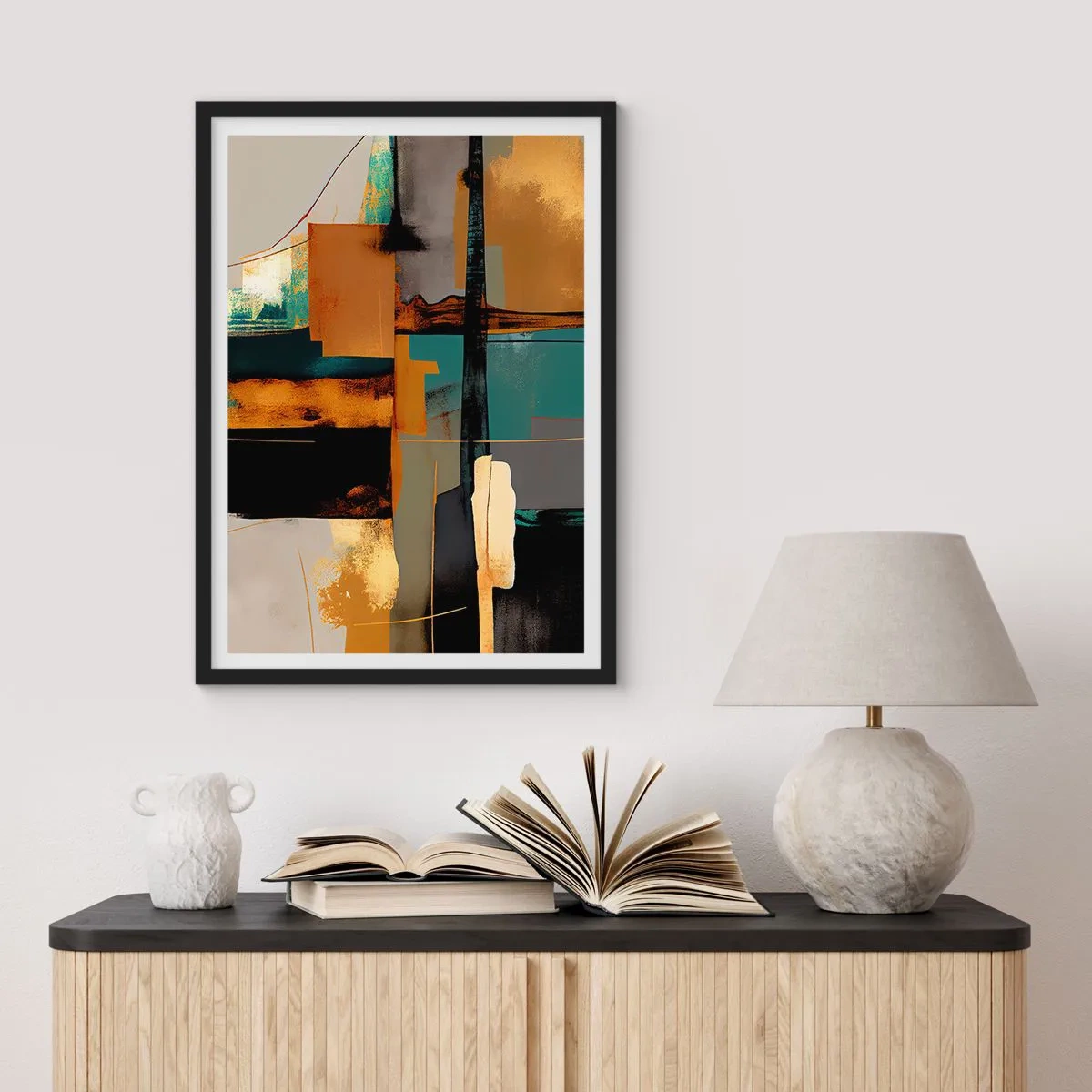 Affiche dans un cadre noir - Poster - Une composition abstraite dans des tons d'or et de turquoise - 50x70cm - Abstraction – lumière et ombre - Décoration murale moderne pour le salon et la chambre ARTTOR