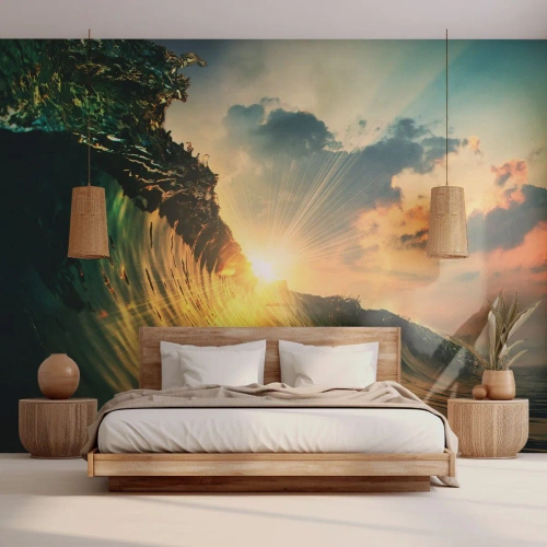 Papier Peint Photo Premium Sand - Coucher de soleil sur les vagues de l'océan dans une lumière dorée - 100x70cm - Surfeur, où es-tu ? - Décoration murale moderne pour le salon et la chambre ARTTOR