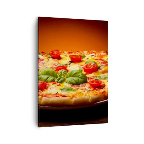 Impression sur toile - Image sur toile - Pizza aux tomates et au basilic sur une table en bois - 50x70cm - Mamma mia! - Décoration murale moderne pour le salon et la chambre ARTTOR