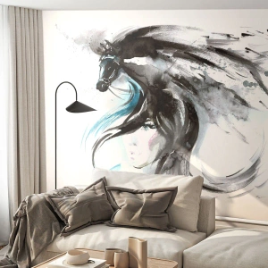 Papier Peint Photo Premium Canvas - Une femme et un cheval dans une aquarelle mystique pleine de dynamique - 100x70cm - Galop du prince noir - Décoration murale moderne pour le salon et la chambre ARTTOR