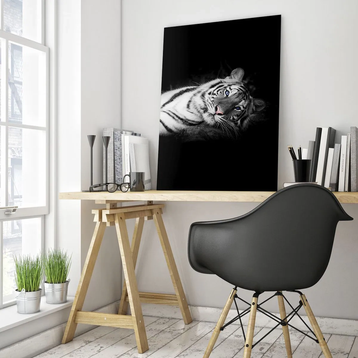 Impression sur verre - Image sur verre - Un tigre blanc rendu artistiquement sur un fond noir - 80x120cm - Sauvagerie et paix - Décoration murale moderne pour le salon et la chambre ARTTOR