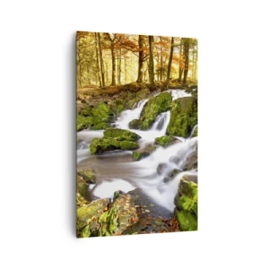 Impression sur toile - Image sur toile - Un paysage boisé avec une cascade entourée de mousse - 80x120cm - Rapidement à travers la forêt d'automne - Décoration murale moderne pour le salon et la chambre ARTTOR