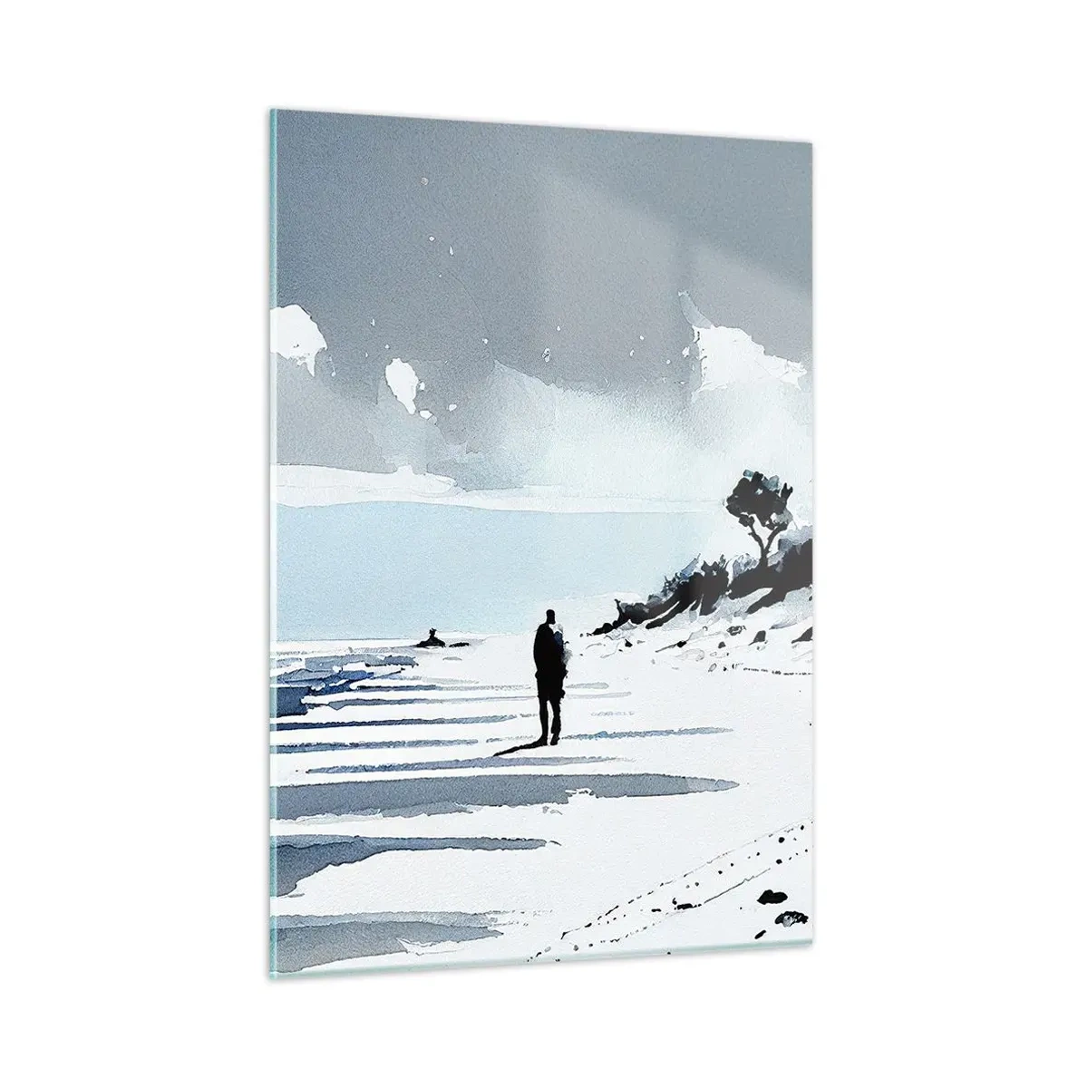 Impression sur verre - Image sur verre - Silhouette d'une personne solitaire marchant sur une plage déserte - 50x70cm - Seul à seul - Décoration murale moderne pour le salon et la chambre ARTTOR