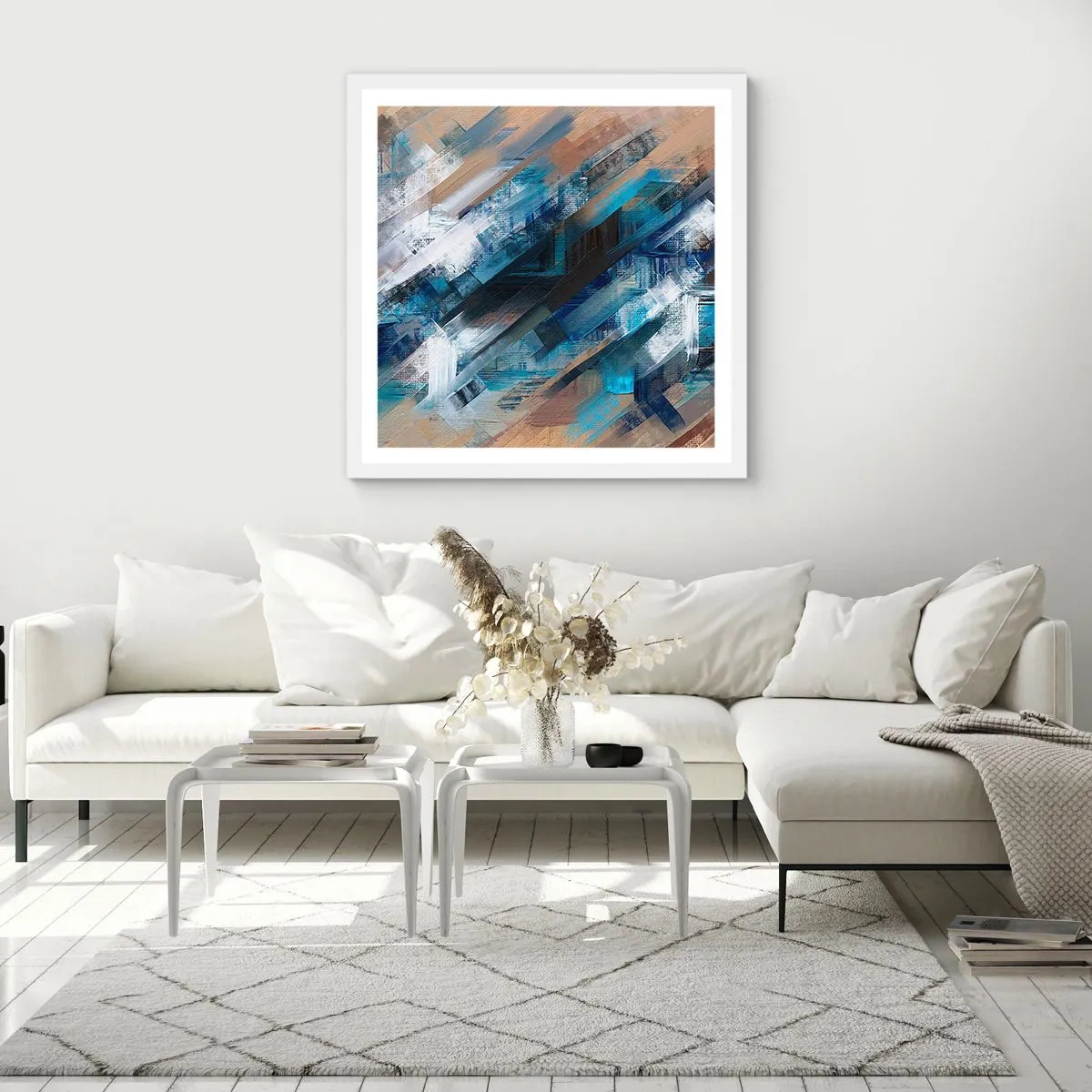 Affiche dans un cadre blanc - Poster - Diagonale de bleus - 50x50 cm