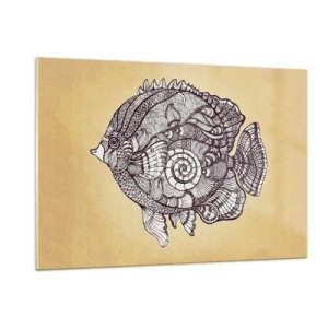 Impression sur verre - Image sur verre - Un poisson de dessin animé avec des ornements sur un fond beige - 120x80cm - D'un océan d'ornements - Décoration murale moderne pour le salon et la chambre ARTTOR