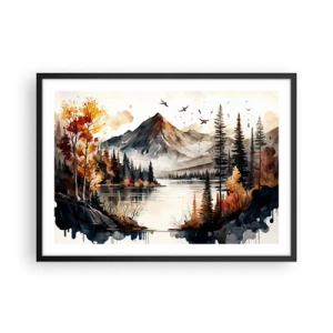 Affiche dans un cadre noir - Poster - Paysage de montagne d'automne avec un lac et des arbres à l'aquarelle - 70x50cm - Automne doré dans les montagnes - Décoration murale moderne pour le salon et la chambre ARTTOR