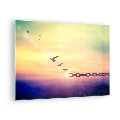Impression sur verre - Image sur verre - Oiseaux en vol sur fond de chaîne et de coucher de soleil - 70x50cm - La victoire de la liberté - Décoration murale moderne pour le salon et la chambre ARTTOR