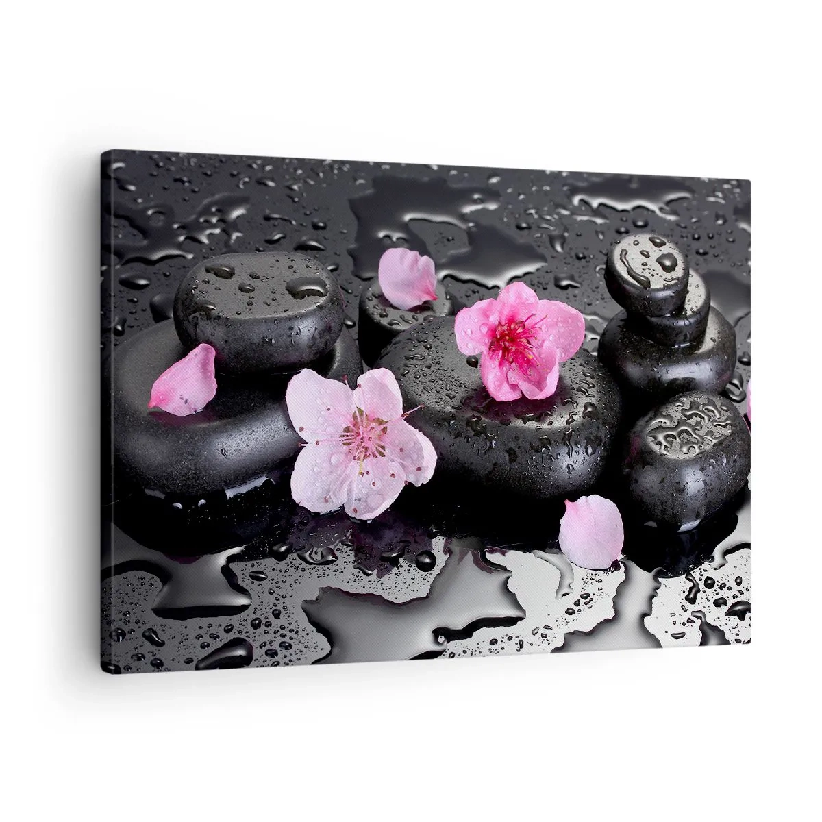 Impression sur toile - Image sur toile - Pierres noires et fleurs roses style spa - 70x50cm - Et le cœur s'allège soudainement - Décoration murale moderne pour le salon et la chambre ARTTOR