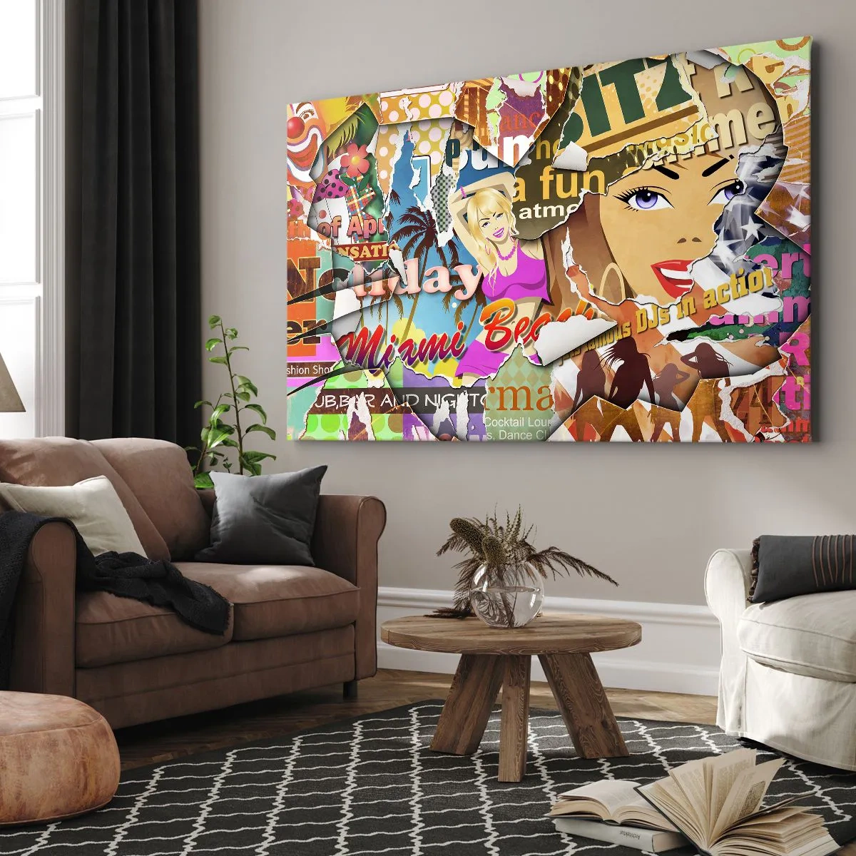Impression sur toile - Image sur toile - Un collage coloré avec des éléments rétro et pop art. - 70x50cm - Souvenirs de vacances - Décoration murale moderne pour le salon et la chambre ARTTOR