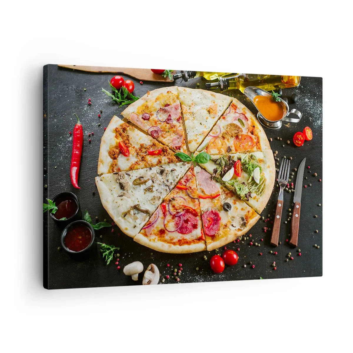 Impression sur toile - Image sur toile - Pizza aux saveurs variées avec un fond de garnitures - 70x50cm - Une gamme de saveurs - Décoration murale moderne pour le salon et la chambre ARTTOR