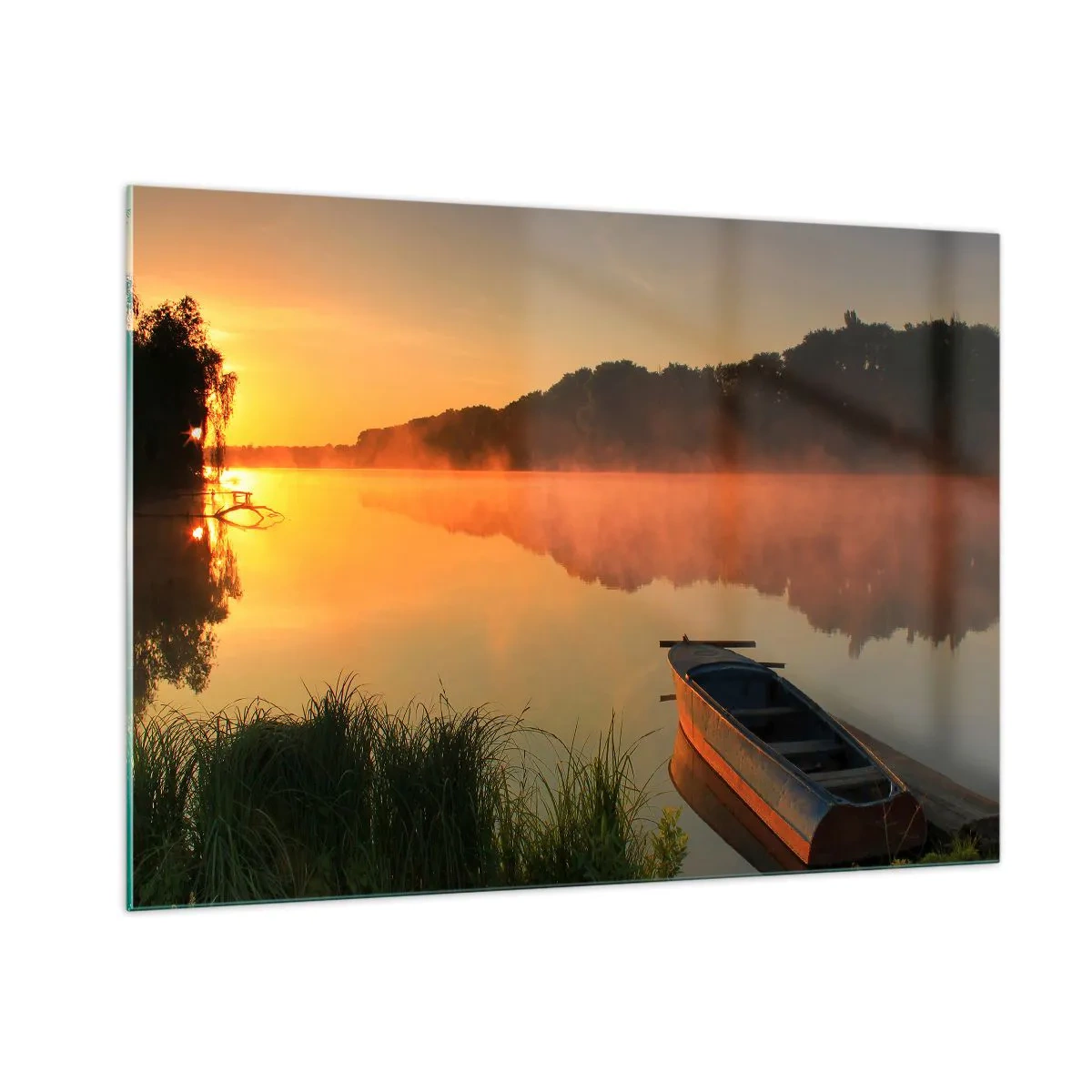 Impression sur verre - Image sur verre - Lever de soleil sur un lac calme avec un bateau sur le rivage - 100x70cm - Lever du soleil sur l'eau comme un miroir - Décoration murale moderne pour le salon et la chambre ARTTOR