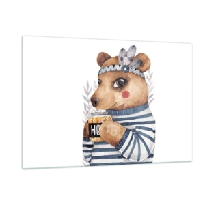 Impression sur verre - Image sur verre - Un ours en peluche rayé avec une tasse de miel et des plumes - 120x80cm - Un nounours trop mignon - Décoration murale moderne pour le salon et la chambre ARTTOR