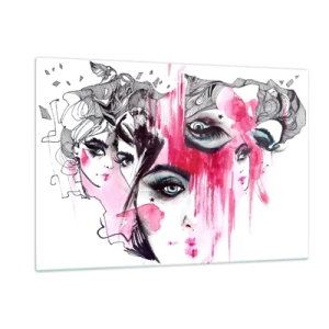 Impression sur verre - Image sur verre - Visages féminins abstraits avec des accents roses dans un style croquis. - 120x80cm - Yeux abstraits - Décoration murale moderne pour le salon et la chambre ARTTOR