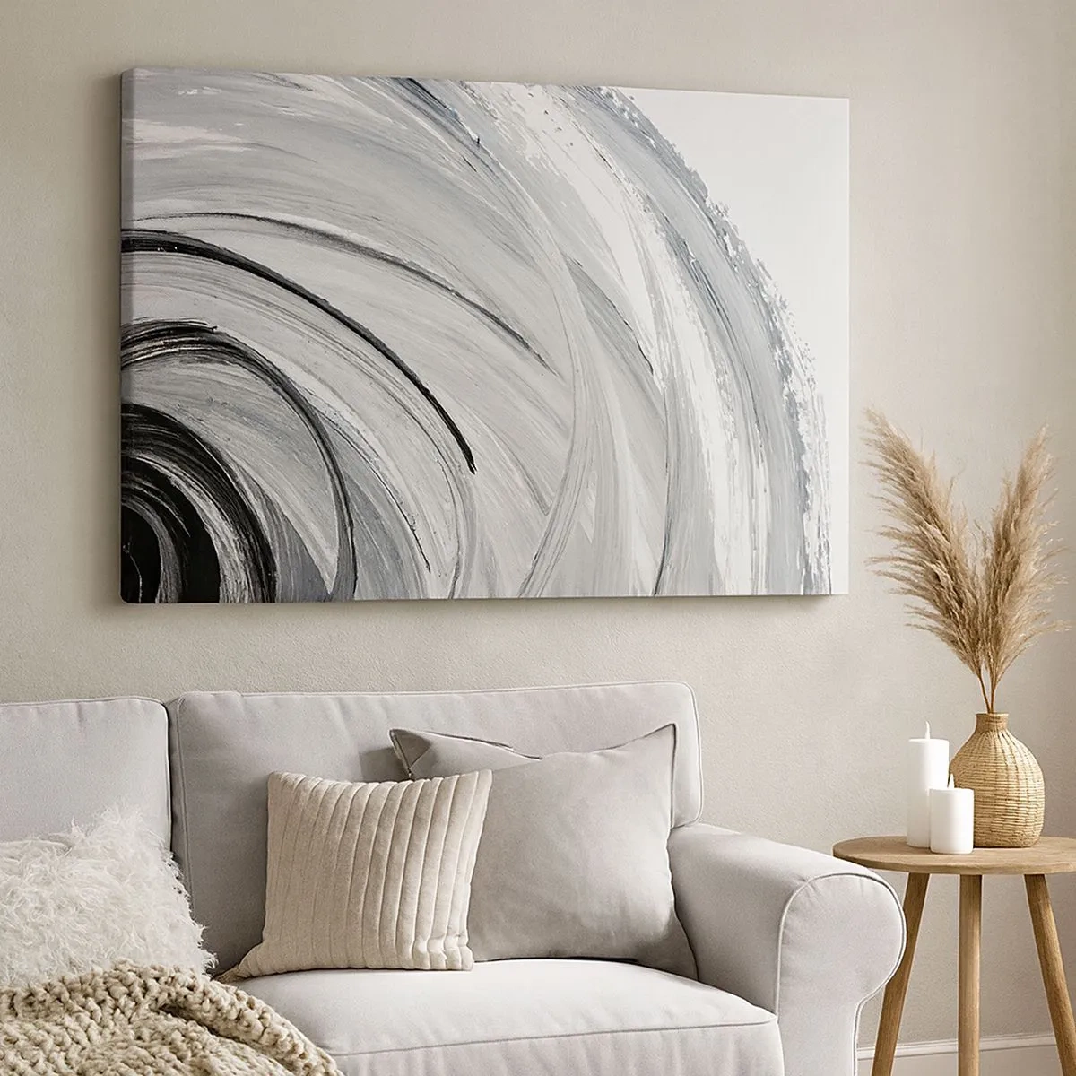 Impression sur toile - Image sur toile - Un tourbillon monochrome dans des tons de gris et de noir - 70x50cm - Composition orbitale - Décoration murale moderne pour le salon et la chambre ARTTOR