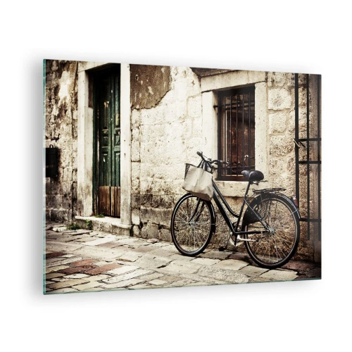Impression sur verre - Image sur verre - Un vélo noir et blanc appuyé contre un vieil immeuble - 70x50cm - Retour au passé - Décoration murale moderne pour le salon et la chambre ARTTOR