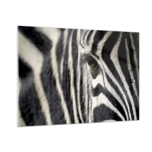 Impression sur verre - Image sur verre - Gros plan de l'œil d'un zèbre et de rayures noires et blanches - 100x70cm - Portrait en rayure - Décoration murale moderne pour le salon et la chambre ARTTOR