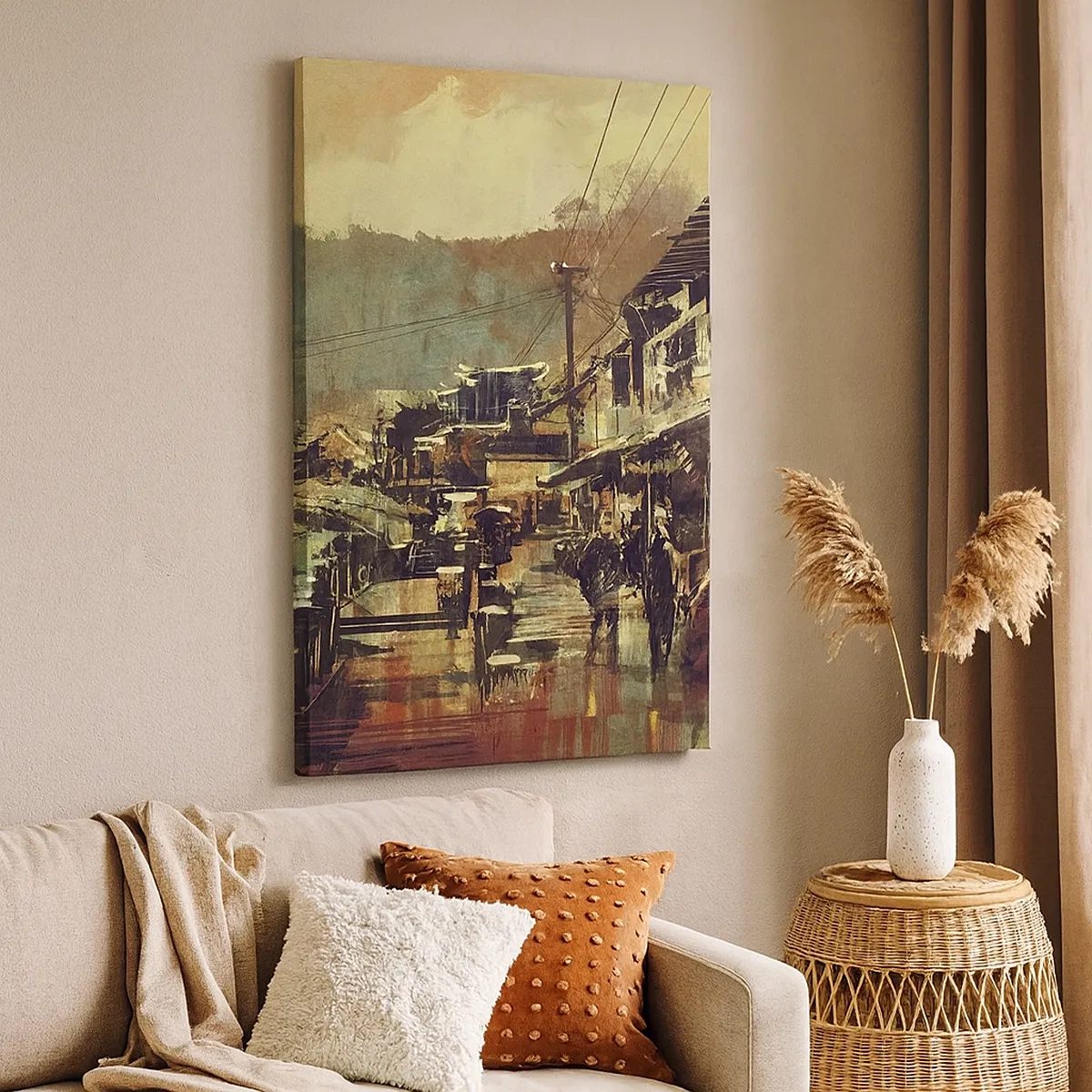 Impression sur toile - Image sur toile - Une ville avec un pont et des rues au style artistique - 50x70cm - La vie comme une richesse de gris - Décoration murale moderne pour le salon et la chambre ARTTOR