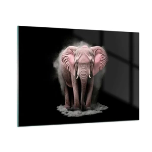 Impression sur verre - Image sur verre - Un éléphant rose sur fond noir entouré d'un nuage de poussière. - 100x70cm - Ne pensez pas à un éléphant rose ! - Décoration murale moderne pour le salon et la chambre ARTTOR
