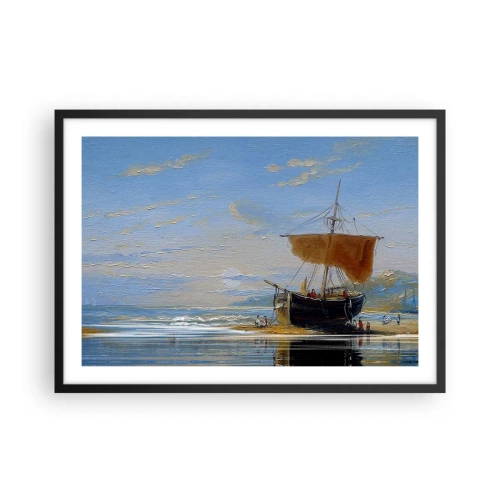 Affiche dans un cadre noir - Poster - Un bateau au bord de la mer par une journée ensoleillée - 70x50cm - Eau, terre, air - Décoration murale moderne pour le salon et la chambre ARTTOR