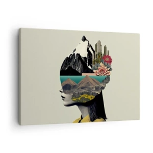 Impression sur toile - Image sur toile - Collage d'une femme avec un paysage de montagne et des fleurs - 70x50cm - La femme – toujours un mystère - Décoration murale moderne pour le salon et la chambre ARTTOR