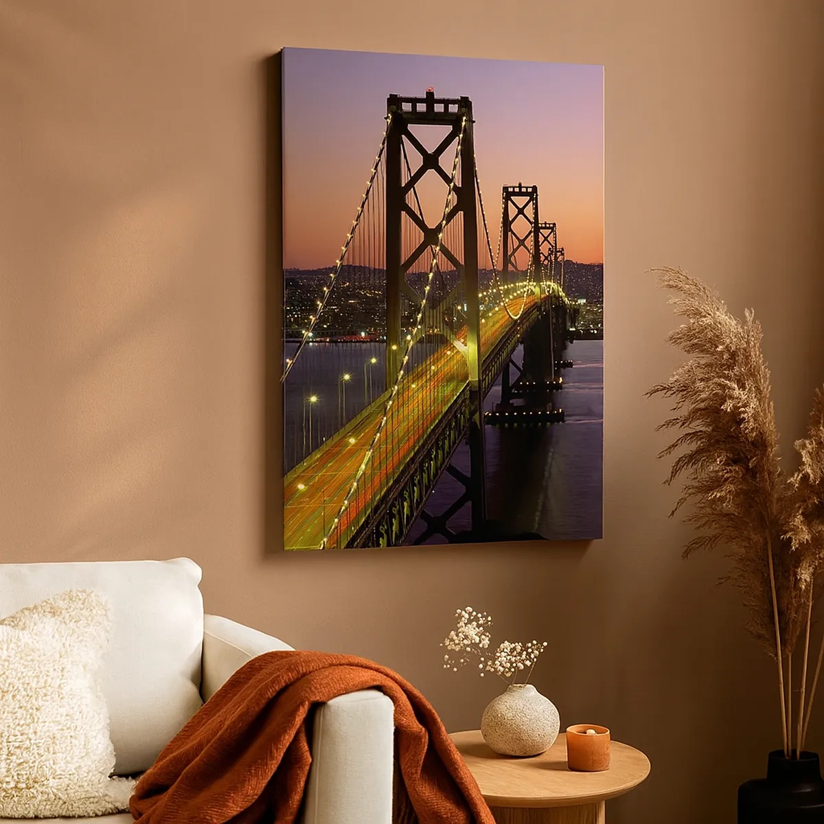 Impression sur toile - Image sur toile - Un pont illuminé la nuit au-dessus de l'eau avec une vue panoramique sur la ville - 50x70cm - Soirée violette - Décoration murale moderne pour le salon et la chambre ARTTOR