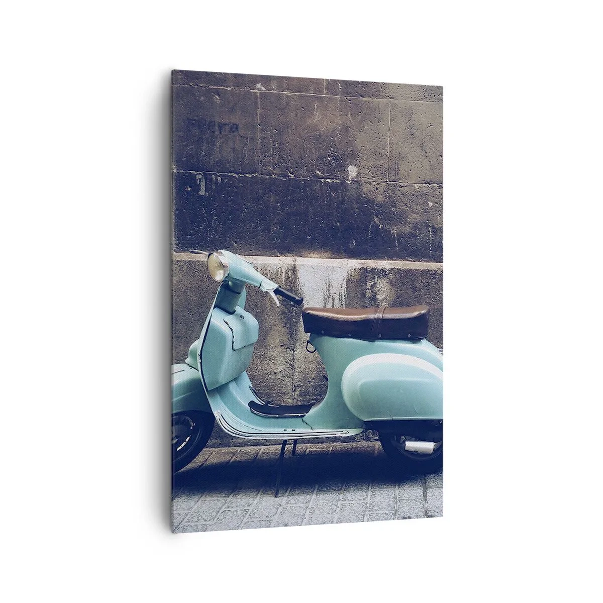 Impression sur toile - Image sur toile - Un scooter rétro garé contre un mur de pierre - 80x120cm - Ambiance inoubliable - Décoration murale moderne pour le salon et la chambre ARTTOR