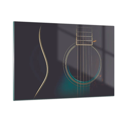 Impression sur verre - Image sur verre - Gros plan d'une guitare acoustique noire avec détails des cordes - 120x80cm - Le calme avant la tempête - Décoration murale moderne pour le salon et la chambre ARTTOR