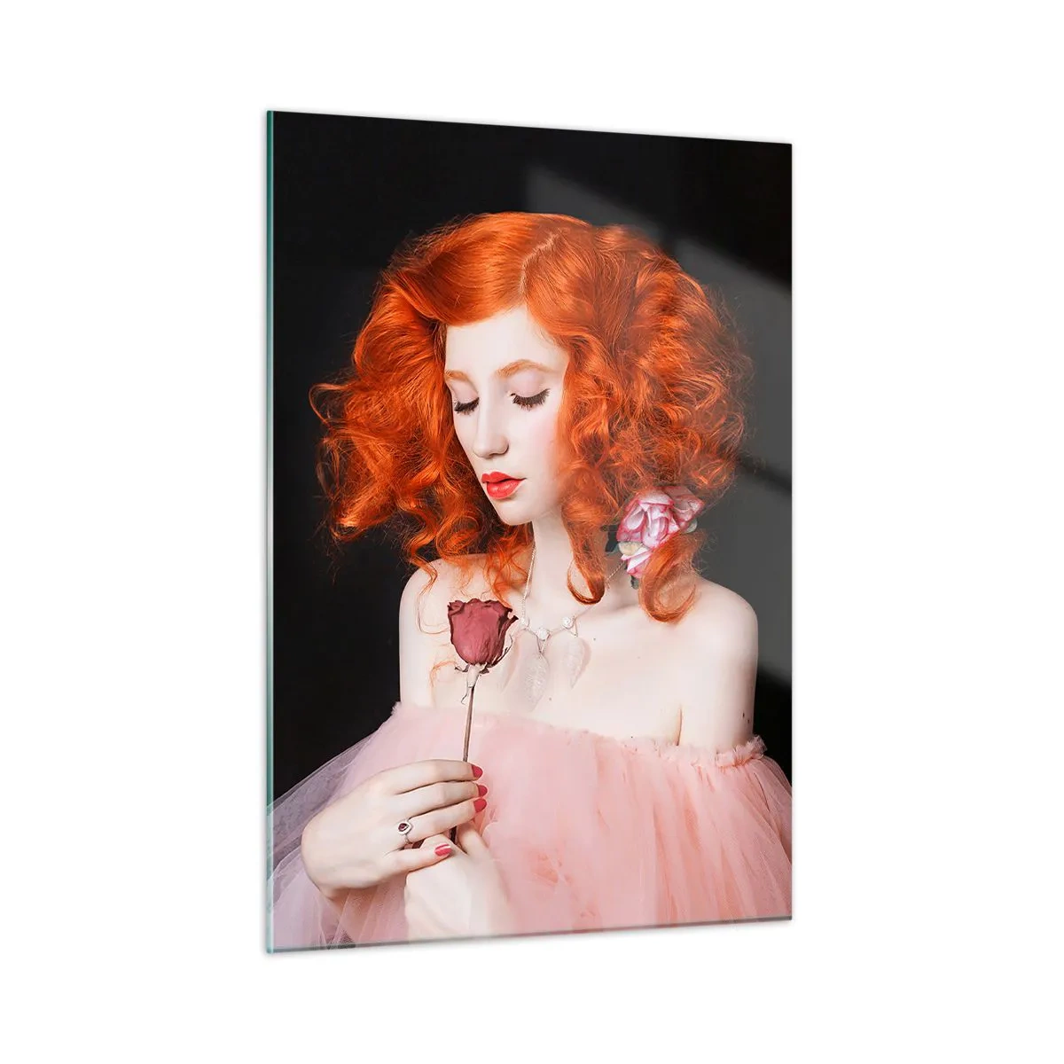 Impression sur verre - Image sur verre - Portrait d'une femme aux cheveux roux et une rose sur un fond sombre - 50x70cm - De style baroque - Décoration murale moderne pour le salon et la chambre ARTTOR