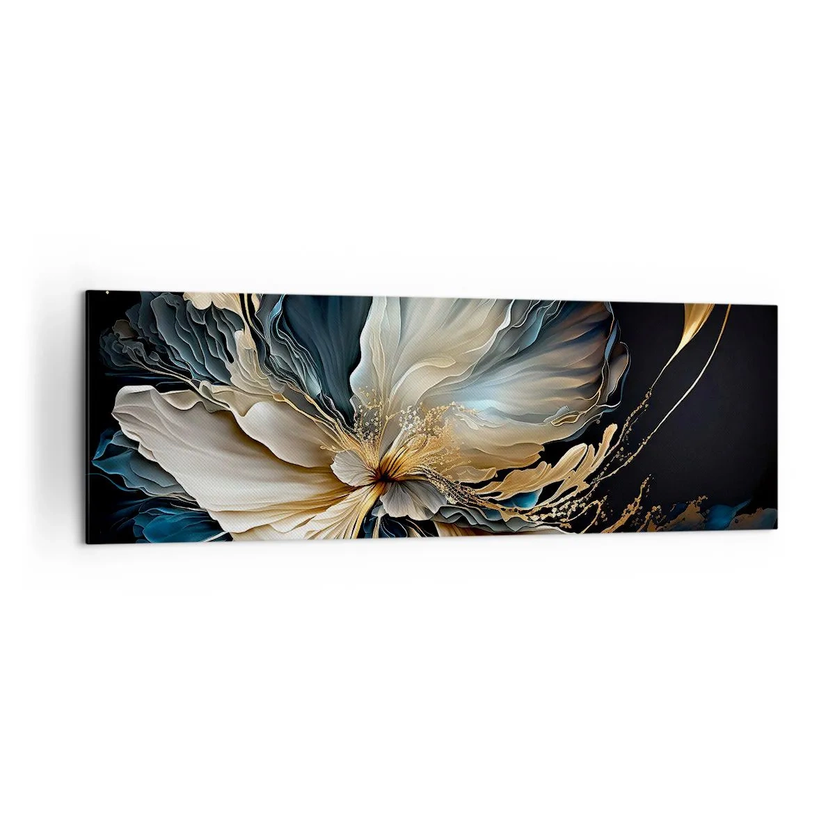 Impression sur toile - Image sur toile - Une fleur dans les tons or et bleu marine sur fond noir - 160x50cm - Fleur de fougère de conte de fées - Décoration murale moderne pour le salon et la chambre ARTTOR