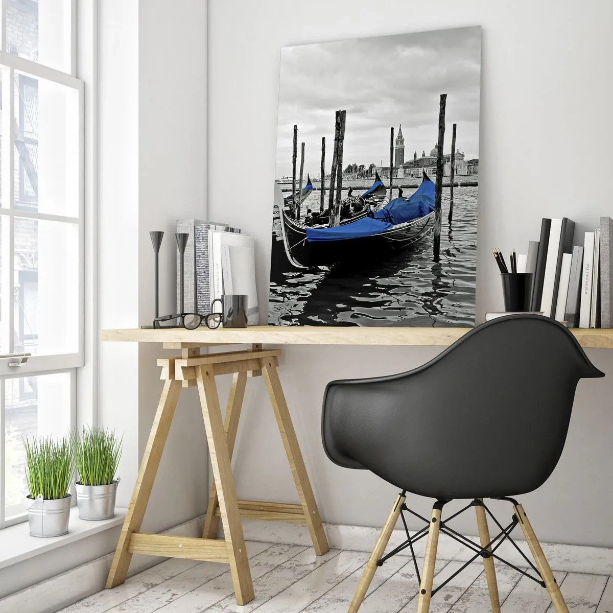 Impression sur verre - Image sur verre - Gondoles à Venise avec des couvertures bleues - 80x120cm - Venise pensive - Décoration murale moderne pour le salon et la chambre ARTTOR
