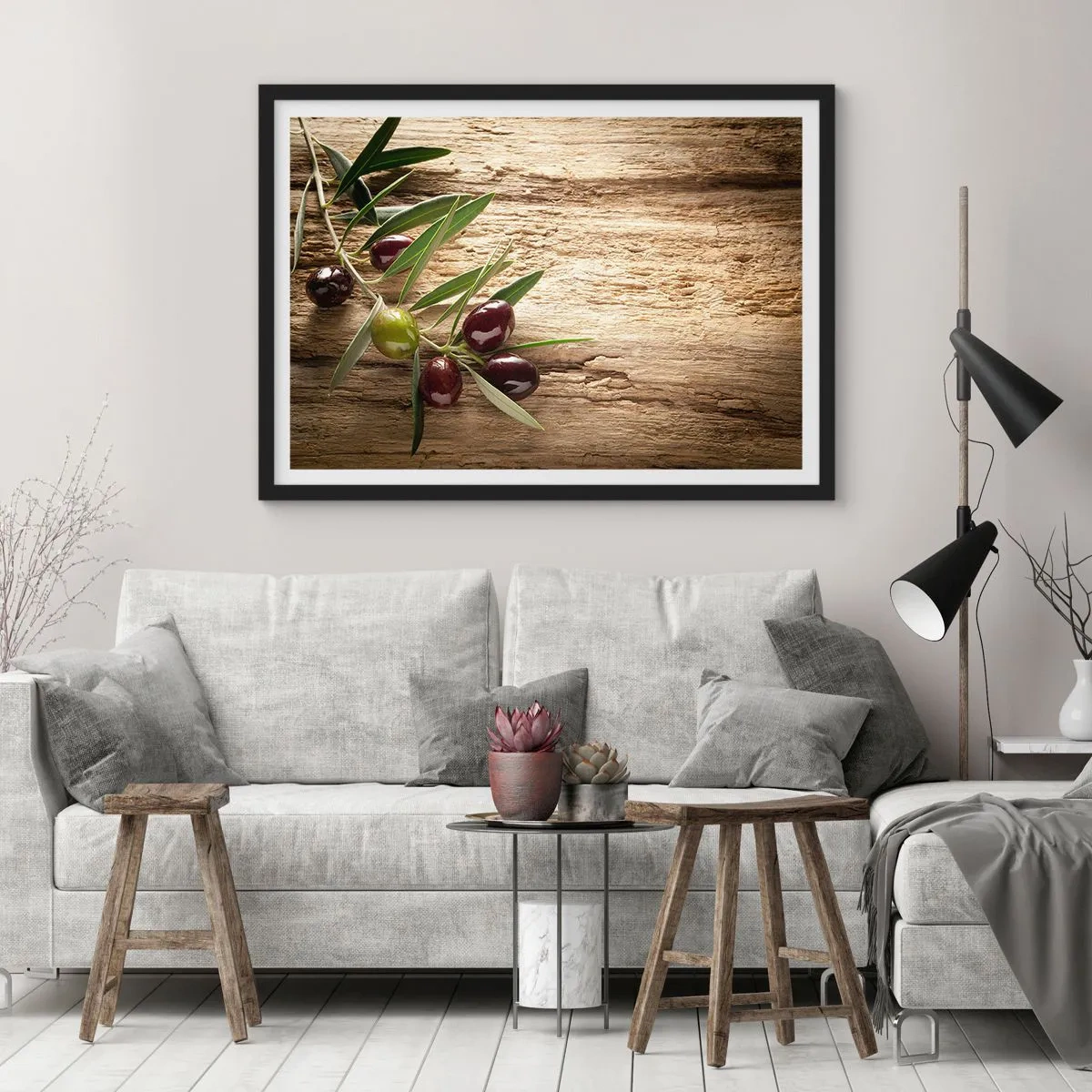 Affiche dans un cadre noir - Poster - Branche d'olivier avec des fruits sur un fond de bois vieilli - 70x50cm - Directement de la nature - Décoration murale moderne pour le salon et la chambre ARTTOR