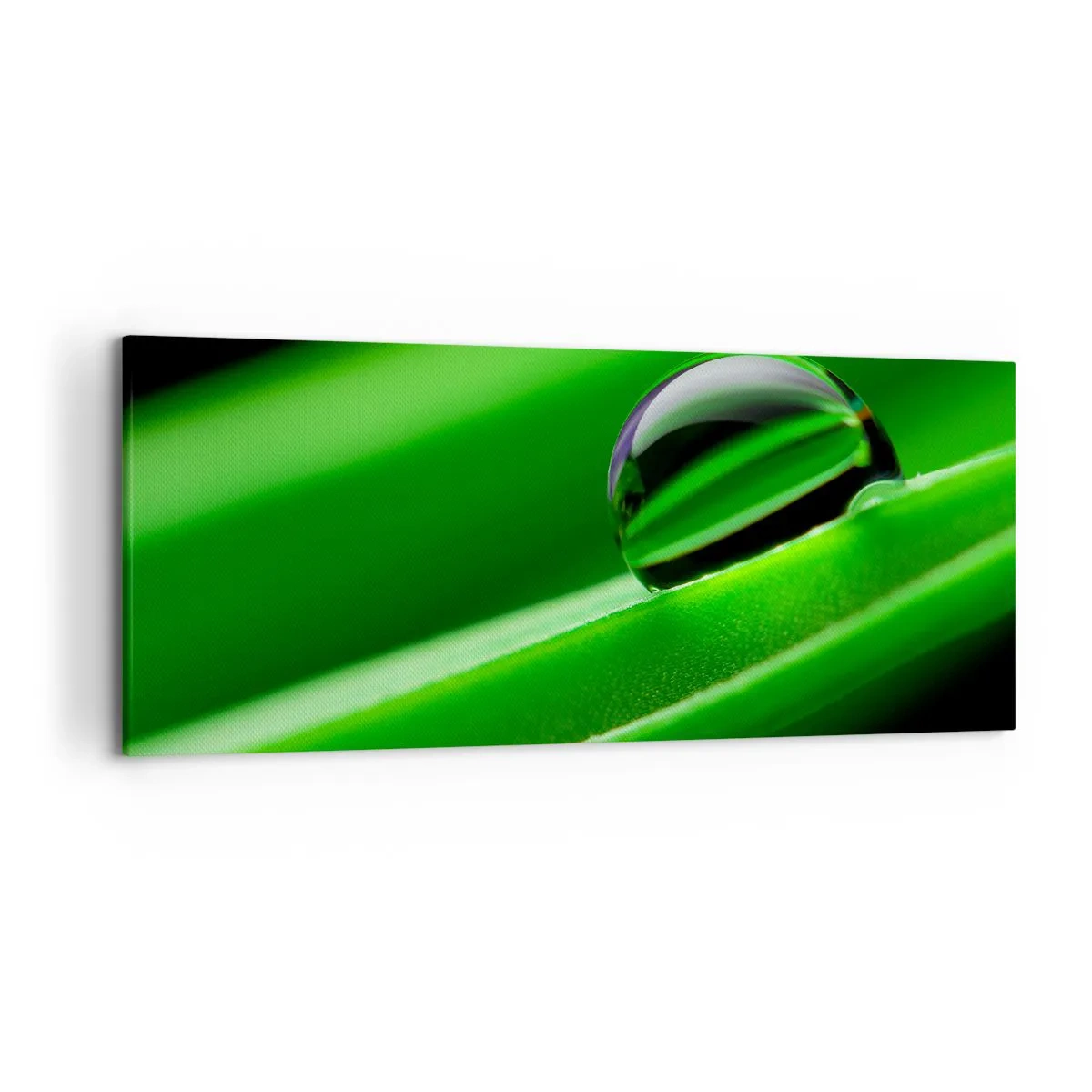 Impression sur toile - Image sur toile - Gros plan d'une goutte de rosée sur une feuille verte - 120x50cm - La vie de près - Décoration murale moderne pour le salon et la chambre ARTTOR