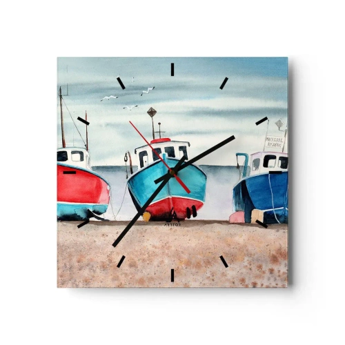 Horloge murale - Pendule murale - Bateaux de pêche colorés sur le rivage dans un paysage marin - 30x30cm - Prêt pour la pêche - Décoration murale moderne pour le salon et la chambre ARTTOR