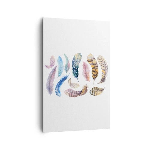 Impression sur toile - Image sur toile - Plumes colorées dans un style aquarelle délicat - 80x120cm - Léger, bariolé et multicolore - Décoration murale moderne pour le salon et la chambre ARTTOR