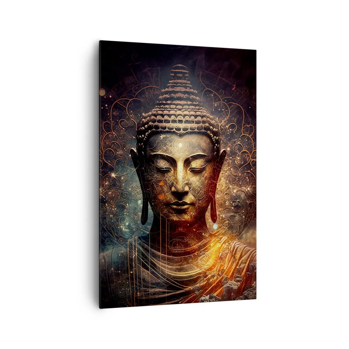 Impression sur toile - Image sur toile - Bouddha doré sur fond sombre avec ornements - 80x120cm - Équilibre spirituel - Décoration murale moderne pour le salon et la chambre ARTTOR