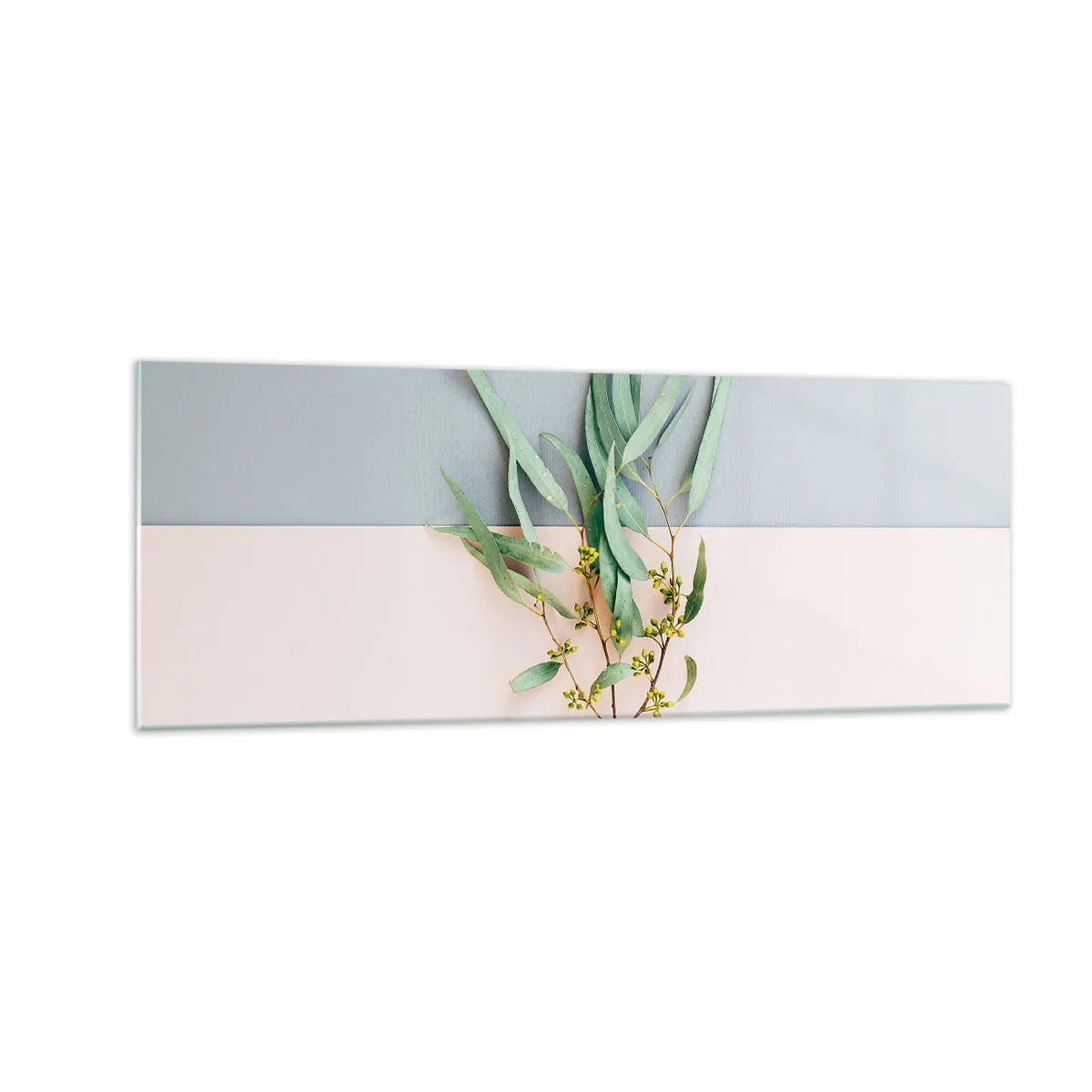 Impression sur verre - Image sur verre - Une branche avec des feuilles sur un fond de tons pastel - 140x50cm - Subtilité pastel - Décoration murale moderne pour le salon et la chambre ARTTOR