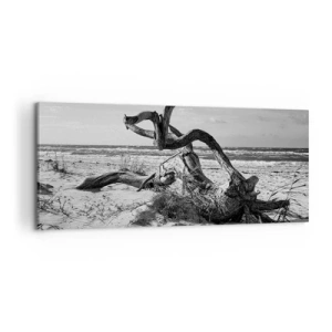 Impression sur toile - Image sur toile - Paysage noir et blanc avec un arbre mort sur la plage - 120x50cm - Sculpture marine - Décoration murale moderne pour le salon et la chambre ARTTOR