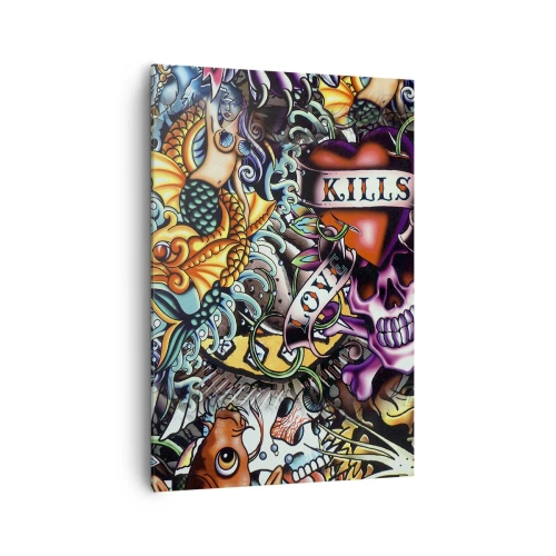 Impression sur toile - Image sur toile - Œuvre d'art colorée de style tatouage avec des crânes et des motifs nautiques - 70x100cm - Le rêve du tatoueur - Décoration murale moderne pour le salon et la chambre ARTTOR