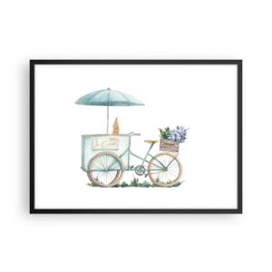 Affiche dans un cadre noir - Poster - Un vélo avec de la glace et des fleurs sous un parapluie aux couleurs pastel délicates - 70x50cm - Doux souvenir d'été - Décoration murale moderne pour le salon et la chambre ARTTOR