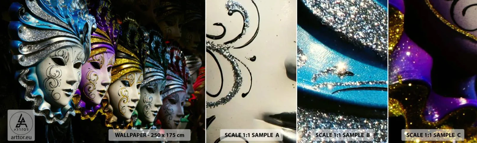 Échantillon de Papier Peint Autocollant Deluxe Sticker - Mystère en or et argent - Masque vénitien, Venise, Carnaval - 100x30 cm