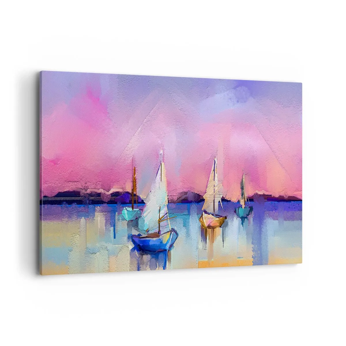 Impression sur toile - Image sur toile - Voiliers sur une mer calme aux couleurs pastel du coucher de soleil - 120x80cm - Direction: les eaux larges - Décoration murale moderne pour le salon et la chambre ARTTOR