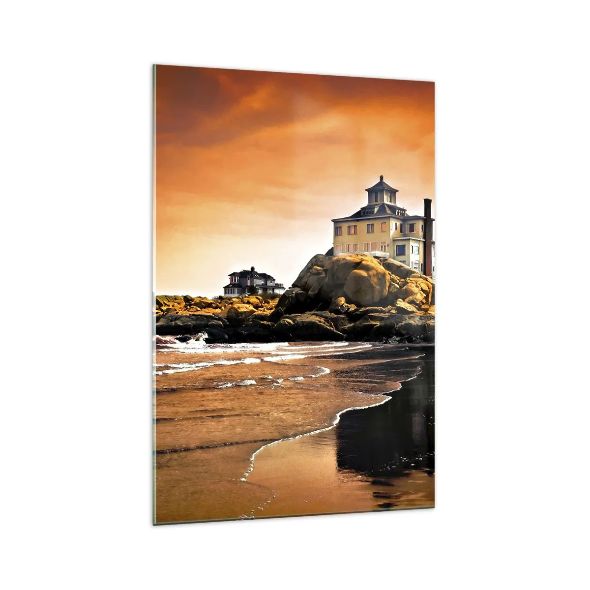 Impression sur verre - Image sur verre - Une maison sur un rocher près de la plage au coucher du soleil avec son reflet dans l'eau - 70x100cm - L'élégance de la côte ouest - Décoration murale moderne pour le salon et la chambre ARTTOR