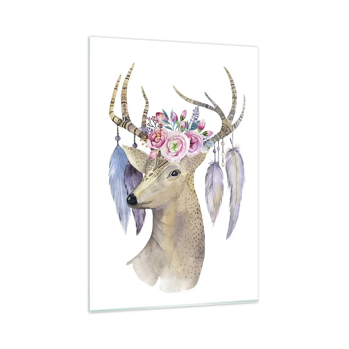 Impression sur verre - Image sur verre - Cerf romantique avec fleurs et plumes - 80x120cm - Guide de l'âme - doux, innocent - Décoration murale moderne pour le salon et la chambre ARTTOR