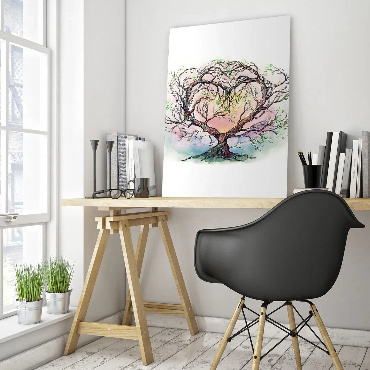 Impression sur verre - Image sur verre - Un arbre en forme de cœur sur un fond de couleurs pastel délicates - 70x100cm - Ensemble contre les tempêtes - Décoration murale moderne pour le salon et la chambre ARTTOR