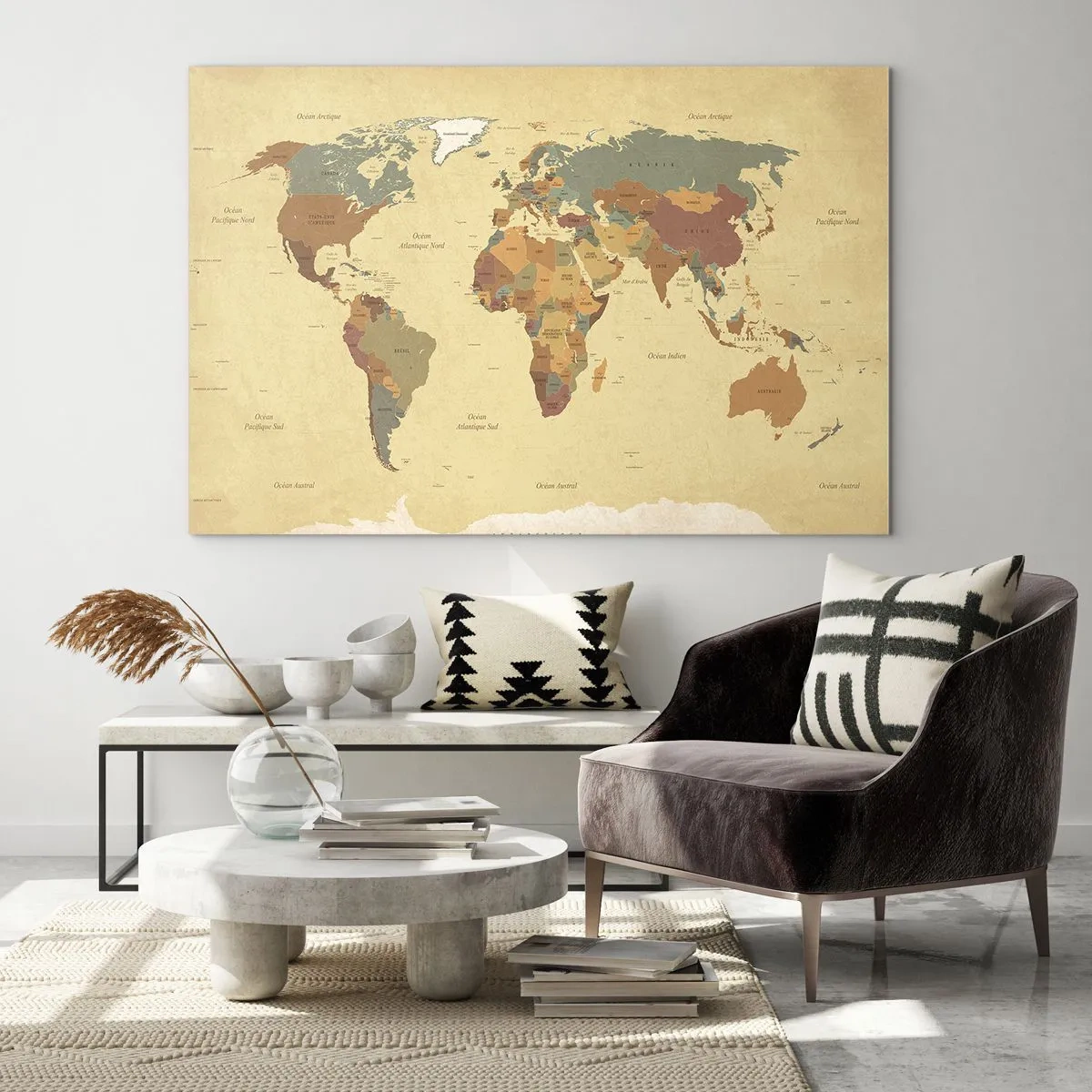 Impression sur verre - Image sur verre - Une carte du monde dans les tons beige et marron sur un fond vintage. - 100x70cm - Pour vous - le monde entier - Décoration murale moderne pour le salon et la chambre ARTTOR