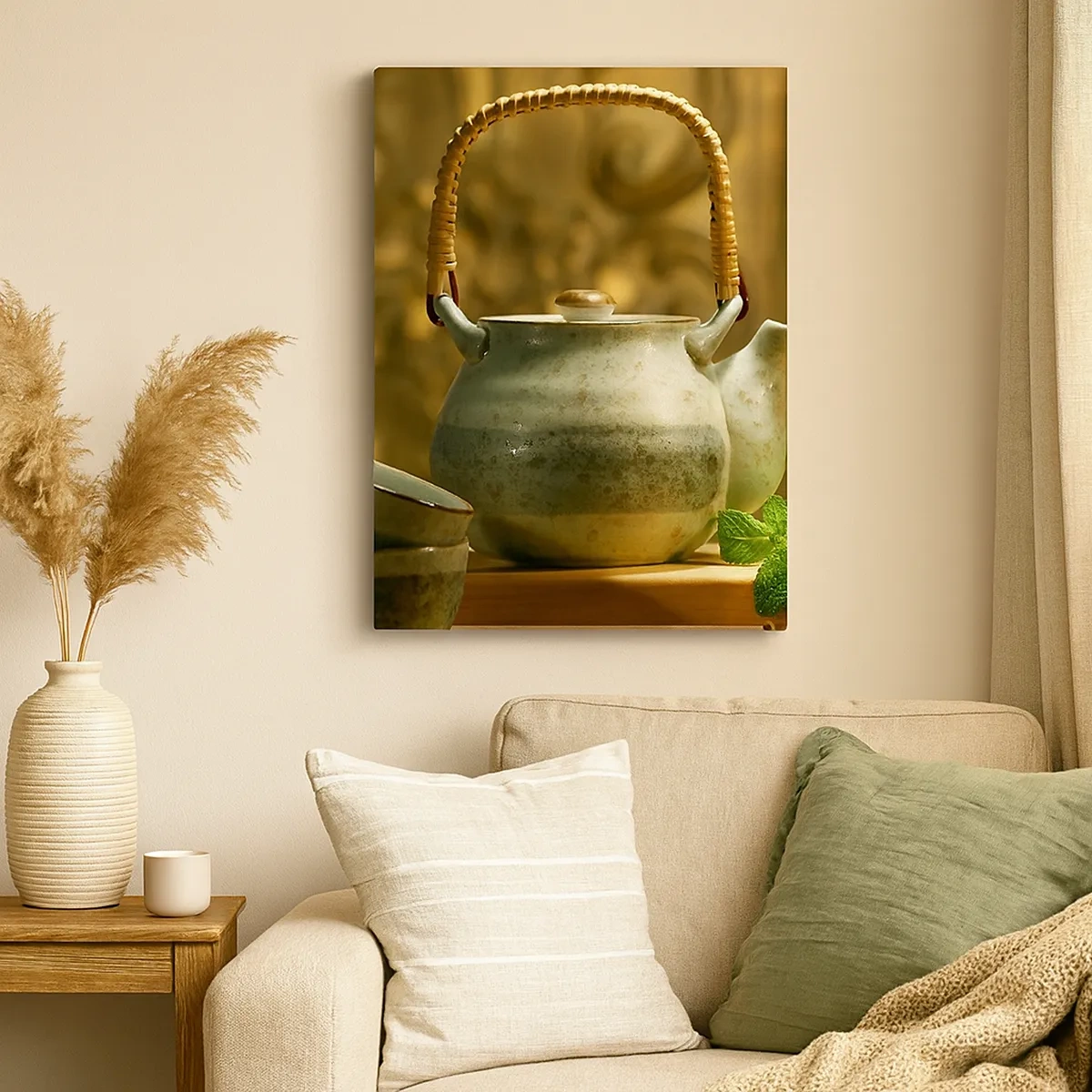 Impression sur toile - Image sur toile - Pichet en céramique avec tasses et thé séché - 50x70cm - Un traité sur la consommation de thé - Décoration murale moderne pour le salon et la chambre ARTTOR